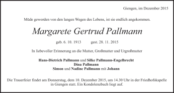 Traueranzeige von Margarete gertrud Pallmann von Heidenheimer Zeitung