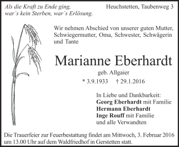 Traueranzeige von Marianne Eberhardt von Heidenheimer Zeitung