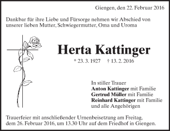 Traueranzeige von Herta kattinger 