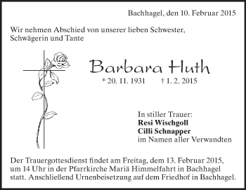 Traueranzeige von Barbara Huth von Märkische Oderzeitung