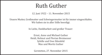 Traueranzeige von Ruth Guther von Heidenheimer Zeitung