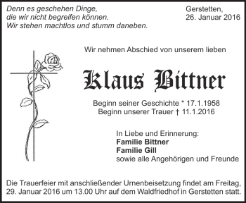 Traueranzeige von Klaus Bittner von Heidenheimer Zeitung