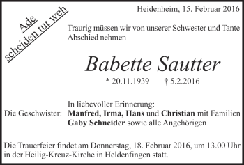 Traueranzeige von Babette Sautter von Heidenheimer Zeitung