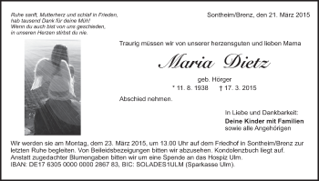 Traueranzeige von Maria Dietz von Märkische Oderzeitung