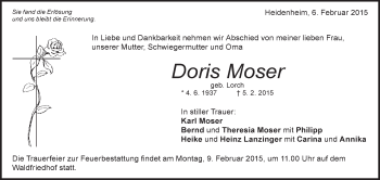 Traueranzeige von Doris Moser von Märkische Oderzeitung