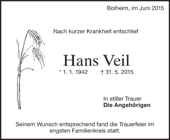 Traueranzeige von Hans Veil von Heidenheimer Zeitung