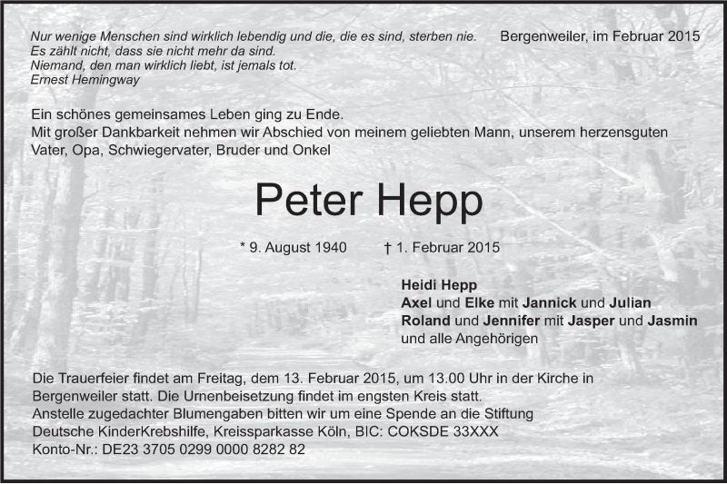  Traueranzeige für Peter Hepp vom 12.05.2015 aus Märkische Oderzeitung
