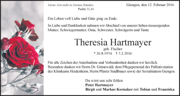 Traueranzeige von Theresia Hartmayer von Heidenheimer Zeitung