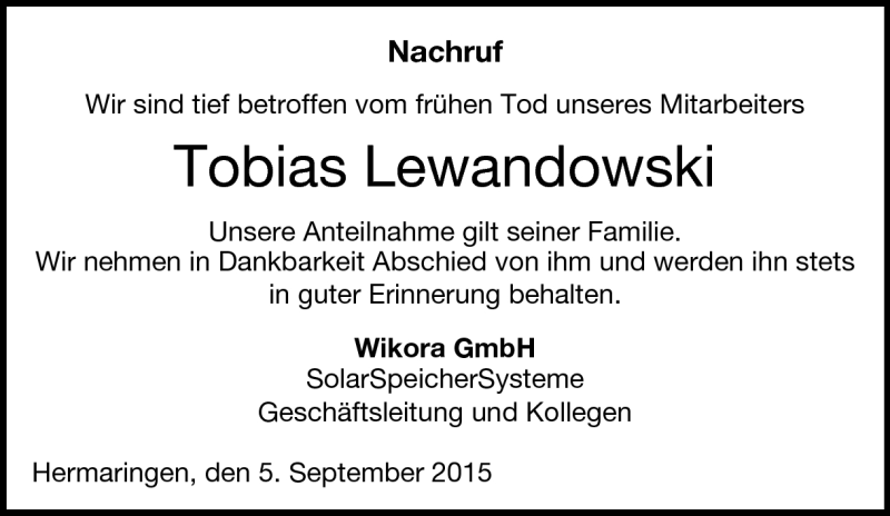  Traueranzeige für Tobias Lewandowski vom 05.09.2015 aus Heidenheimer Zeitung