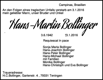 Traueranzeige von Hans-Martin Bollinger 