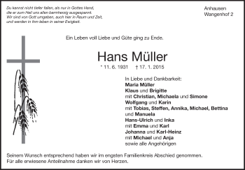 Traueranzeige von Hans Müller von Märkische Oderzeitung