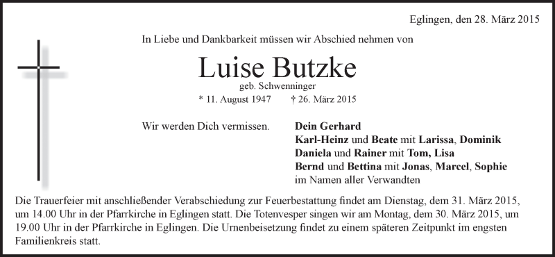  Traueranzeige für Luise Butzke vom 12.05.2015 aus Märkische Oderzeitung
