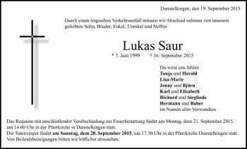 Traueranzeige von Lukas Saur von Heidenheimer Zeitung