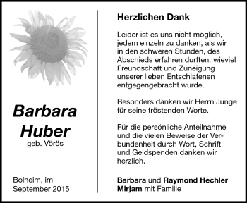 Traueranzeige von Barbara Huber von Heidenheimer Zeitung