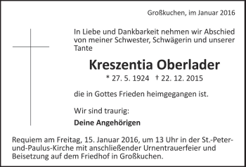 Traueranzeige von Kreszentia Oberlader von Heidenheimer Zeitung