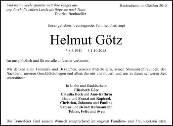 Traueranzeige von Helmut  Götz von Heidenheimer Zeitung