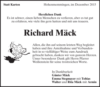 Traueranzeige von Richard  Mäck von Heidenheimer Zeitung