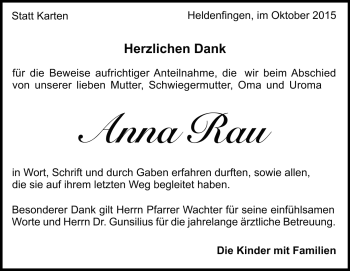 Traueranzeige von Anna Rau von Heidenheimer Zeitung