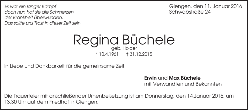 Traueranzeige für Regina Büchele vom 11.01.2016 aus Heidenheimer Zeitung