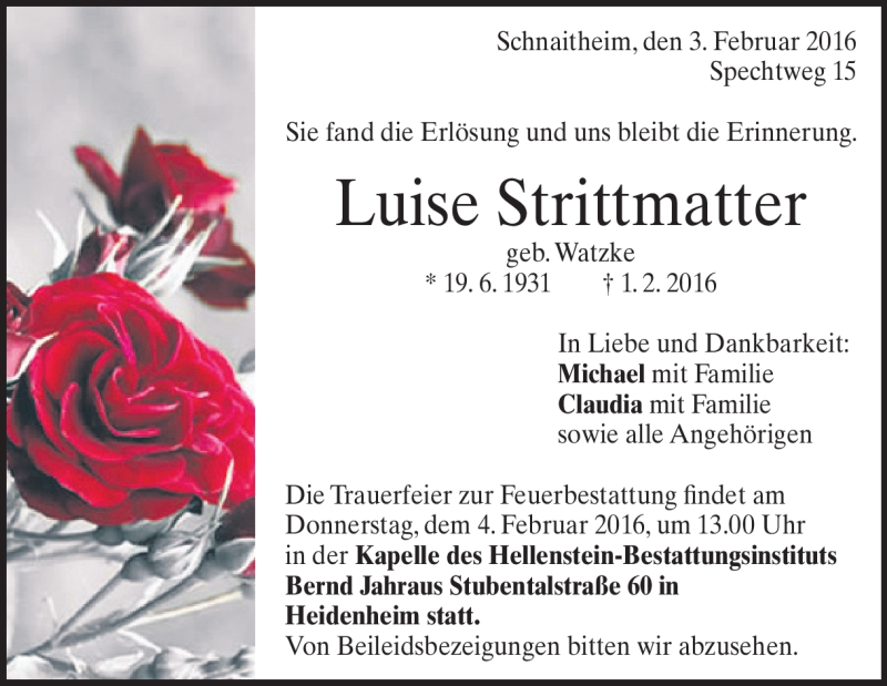  Traueranzeige für Luise Strittmatter vom 03.02.2016 aus Heidenheimer Zeitung
