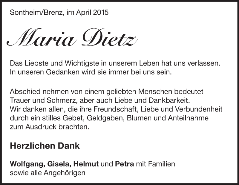  Traueranzeige für Maria Dietz vom 12.05.2015 aus Märkische Oderzeitung