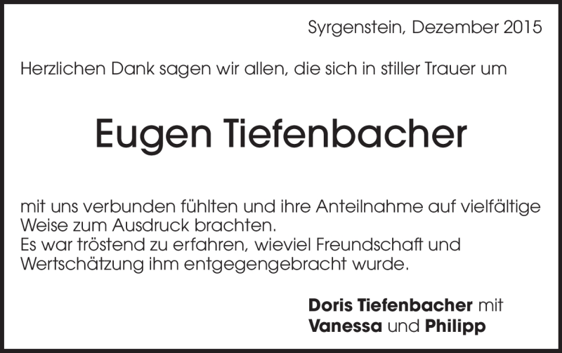  Traueranzeige für Eugen Tiefenbacher vom 11.12.2015 aus Heidenheimer Zeitung