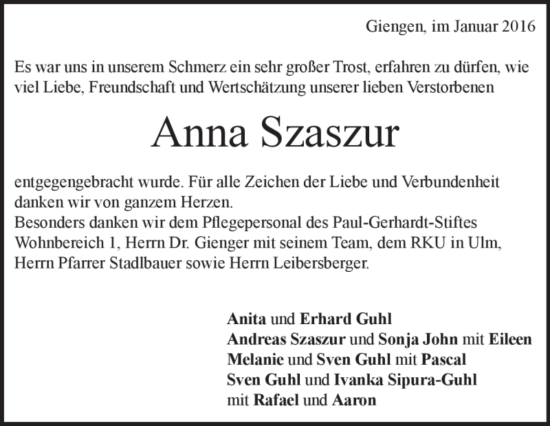 Traueranzeige für Anna Szaszur vom 29.01.2016 aus Heidenheimer Zeitung