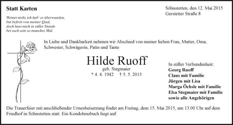  Traueranzeige für Hilde Ruoff vom 12.05.2015 aus Heidenheimer Zeitung