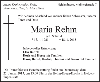 Traueranzeige von Maria Rehm von Märkische Oderzeitung