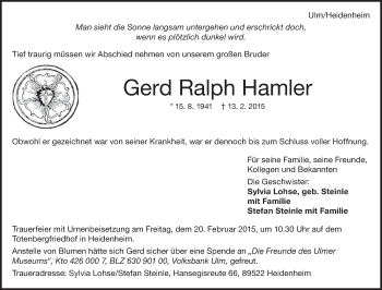 Traueranzeige von Gerd Ralph Hamler von Märkische Oderzeitung