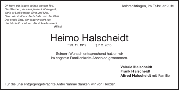 Traueranzeige von Heimo Halscheidt von Märkische Oderzeitung