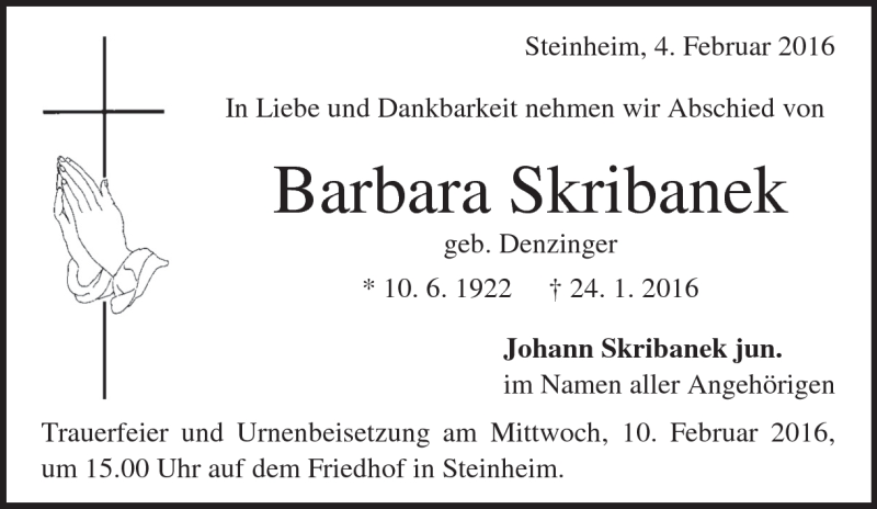  Traueranzeige für Barbara  Skribanek vom 04.02.2016 aus Heidenheimer Zeitung