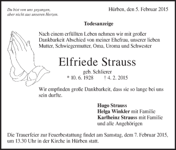Traueranzeige von Elfriede Strauss von Märkische Oderzeitung