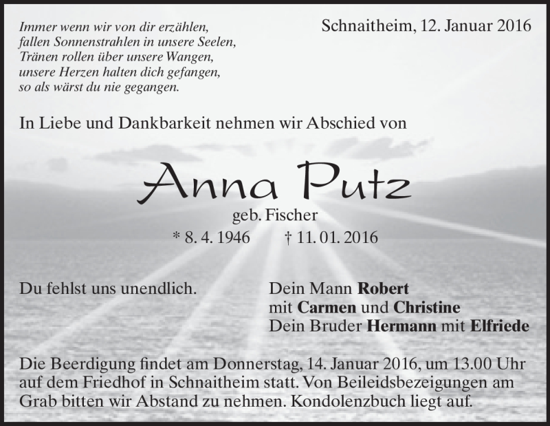 Traueranzeige für Anna Putz vom 12.01.2016 aus Heidenheimer Zeitung