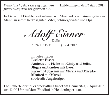 Traueranzeige von Adolf Eisner von Märkische Oderzeitung