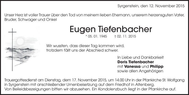  Traueranzeige für Eugen Tiefenbacher vom 12.11.2015 aus Heidenheimer Zeitung