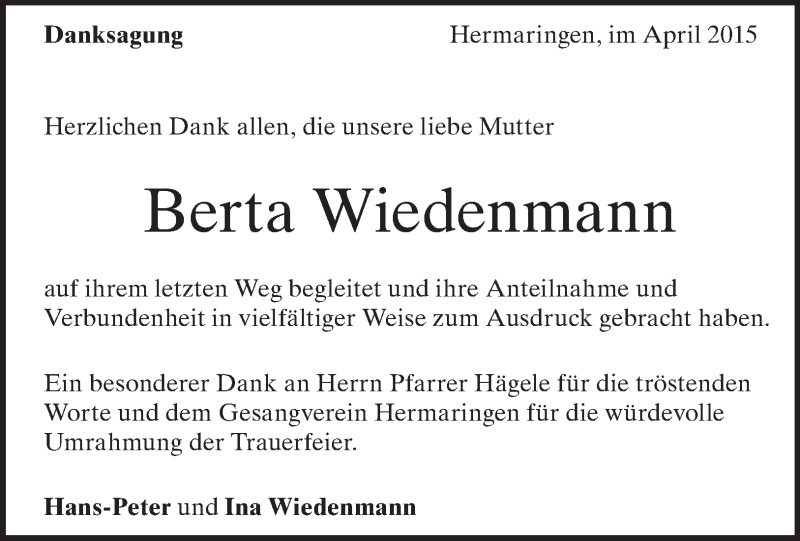  Traueranzeige für Berta Wiedenmann vom 12.05.2015 aus Märkische Oderzeitung