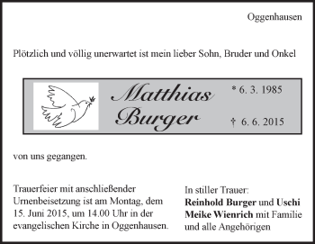 Traueranzeige von Matthias Burger von Heidenheimer Zeitung