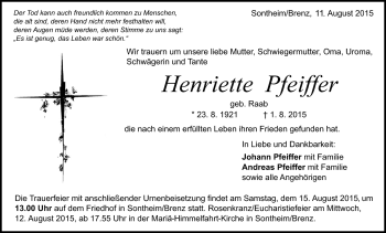 Traueranzeige von Henriette Pfeiffer von Heidenheimer Zeitung