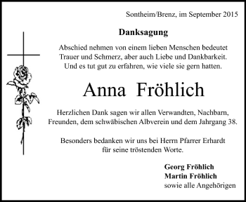 Traueranzeige von Anna Fröhlich  von Heidenheimer Zeitung