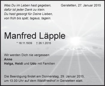 Traueranzeige von Manfred Läpple von Märkische Oderzeitung
