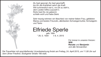 Traueranzeige von Elfriede Sperle von Märkische Oderzeitung