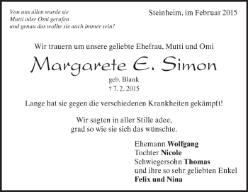 Traueranzeige von Margarete E. Simon von Märkische Oderzeitung