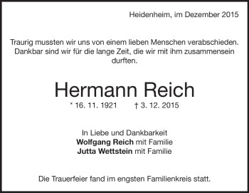 Traueranzeige von Hermann Reich  von Heidenheimer Zeitung