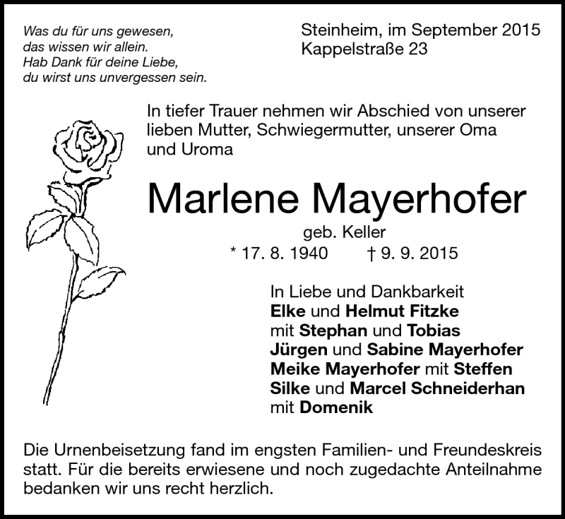  Traueranzeige für Marlene Mayerhofer vom 19.09.2015 aus Heidenheimer Zeitung