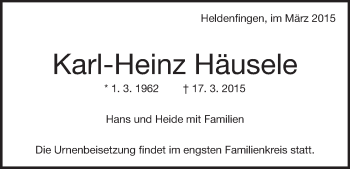 Traueranzeige von Karl-Heinz Häusele von Märkische Oderzeitung