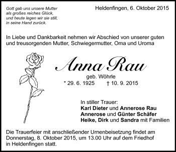 Traueranzeige von Anna Rau von Heidenheimer Zeitung