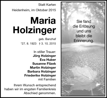 Traueranzeige von maria Holzinger von Heidenheimer Zeitung