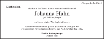 Traueranzeige von Johanna  Hahn  von Heidenheimer Zeitung