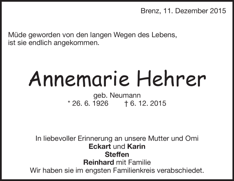  Traueranzeige für Annemarie Hehrer vom 11.12.2015 aus Heidenheimer Zeitung